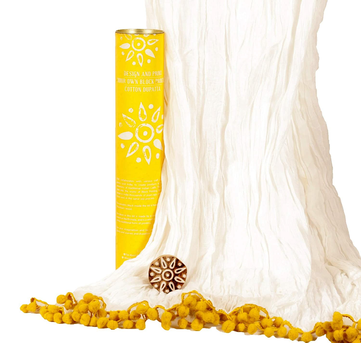 potli Cloth, Wood DIY Craft Kit for All Ages, Block Print Rangoli Design Your Own Dupatta - (Yellow)